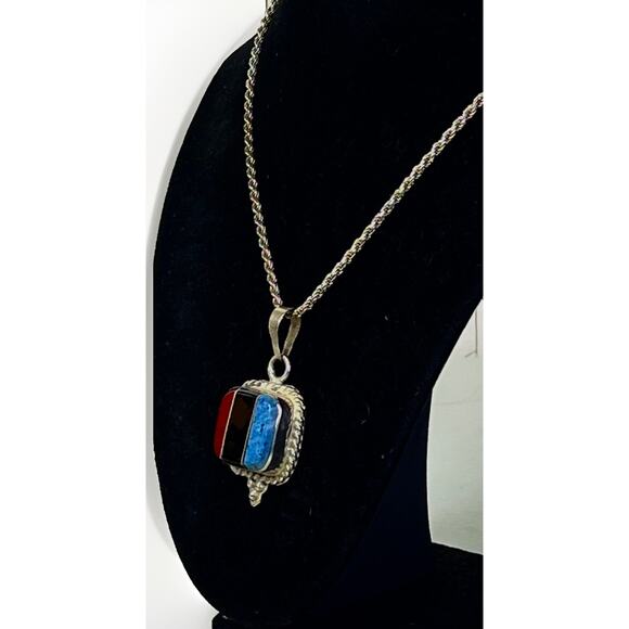 Vintage Taxco Sterling Silver Inlay Pendant Necklace – Coral Onyx Turquoise- 27” - Picture 3 of 16